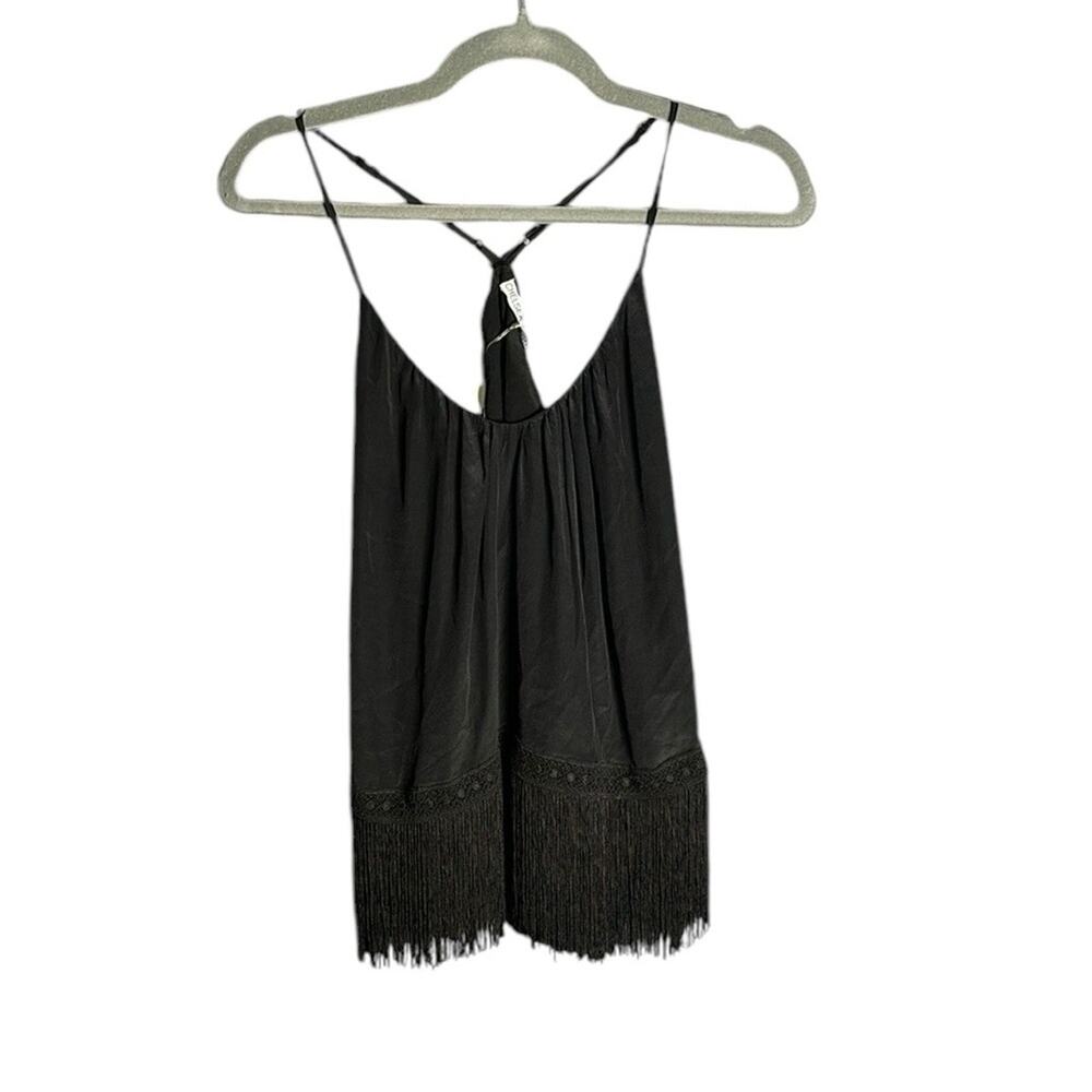 Chelsea Flower Black Halter Spaghetti Strap Tank Fringe Hem XS